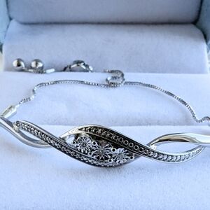 Silver and diamond bolo bracelet